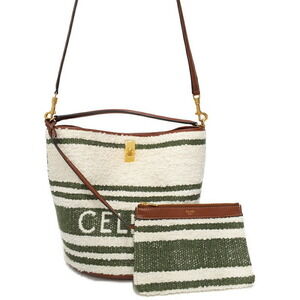 Celine Green White Striped Tweed Leather Bucket 16 Bag